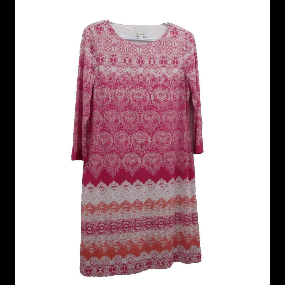 Donna Morgan Womens Dress Size 10 Shift Lined Pink White Orange Boho 3/4 Sleeve‌